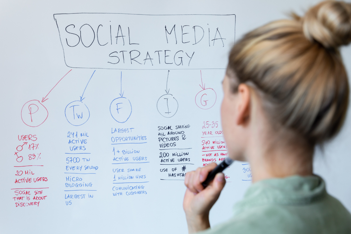 A woman thoughtfully examining a whiteboard with a pen in hand, strategizing ways to boost social media engagement through effective planning and analysis.