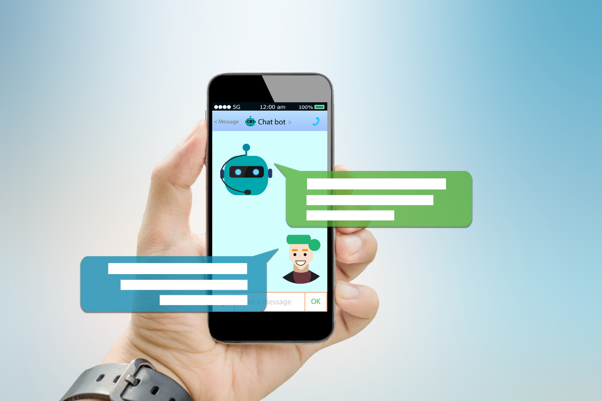 Hand holding a phone showing a chatbot conversation, symbolizing how a plumbing website can enhance customer engagement.