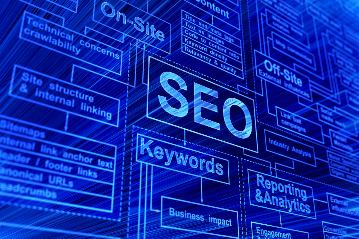 a blue background featuring a blueprint of SEO related to HVAC SEO
