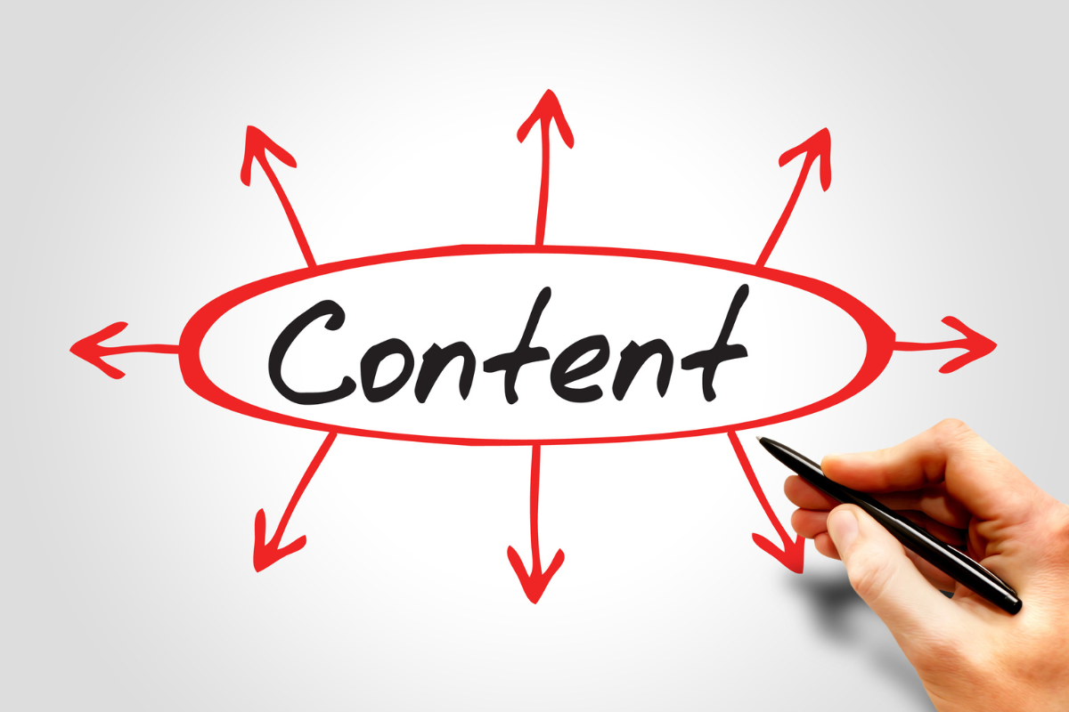 Hand drawing arrows radiating from the word 'Content' in a red oval, symbolizing the various directions and aspects of content strategy.
