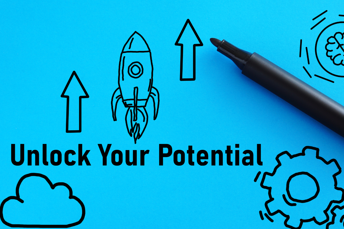 An image of a rocket with upward arrows and the phrase 'Unlock Your Potential' below it, symbolizing how to unlock your blogging success with Visio SEO.