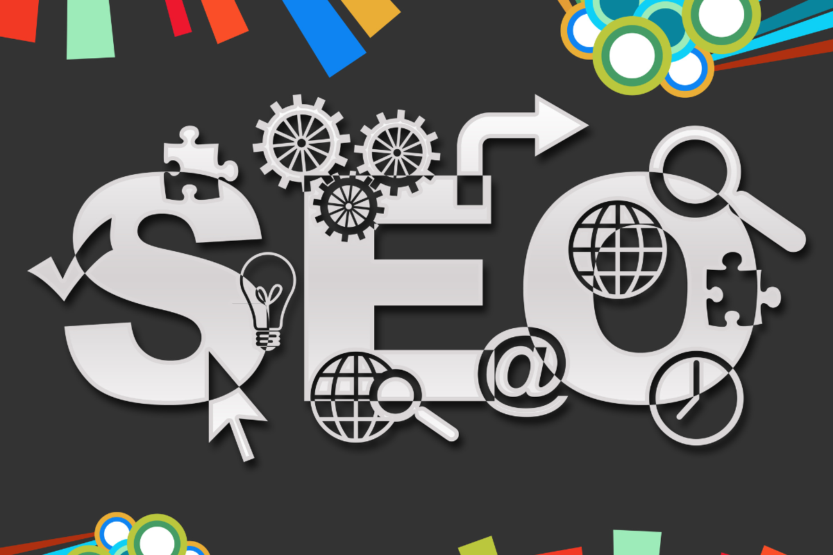 SEO-themed graphic with icons of gears, magnifying glass, puzzle, and arrows on a dark background.