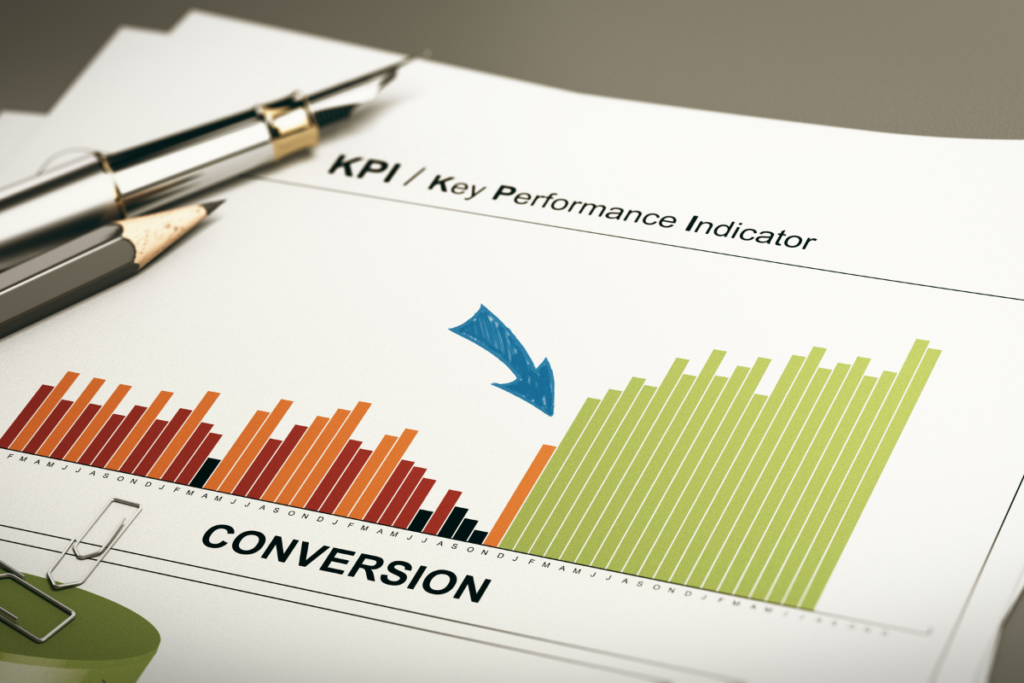 A pen and pencil positioned above a graph on paper, illustrating key performance indicators and emphasizing the importance of SEO conversions for data analysis and optimization strategies.