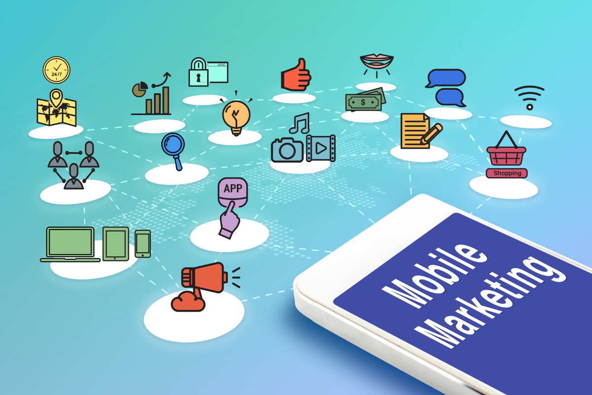 A smartphone displaying Mobile Marketing surrounded by icons highlighting marketing with mobile.