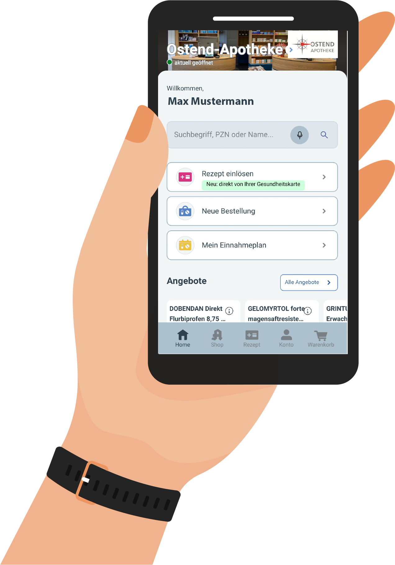 Meine Apotheken App. Auf dem Bild ist eine Illustration zu sehen mit einem Handy, auf dem die App zu sehen ist.