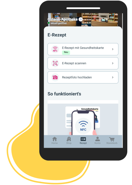 Meine Apotheken App. Auf dem Bild ist eine Illustration zu sehen mit einem Handy, auf dem die App zu sehen ist.