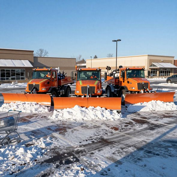 Three orange snowplows clearing snow from a parking lot on a sunny day.