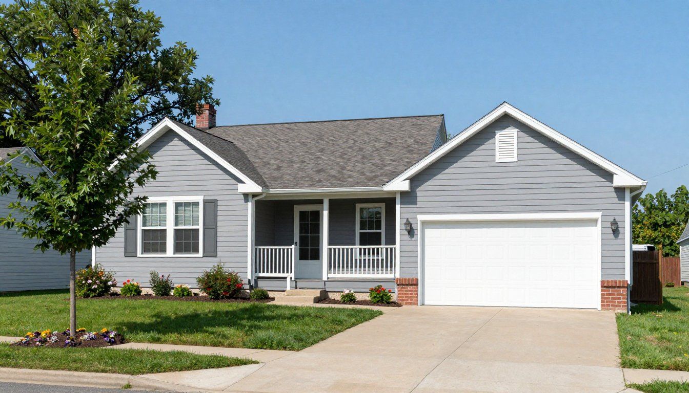 Gray-sided house with white trim, garage, and front porch, on a sunny day.
