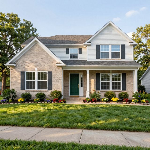 Two-story house with gray roof, light brick and white siding, green door, and landscaping.