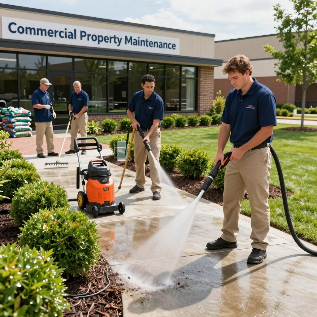 Four people pressure washing a sidewalk in front of a commercial building labeled 