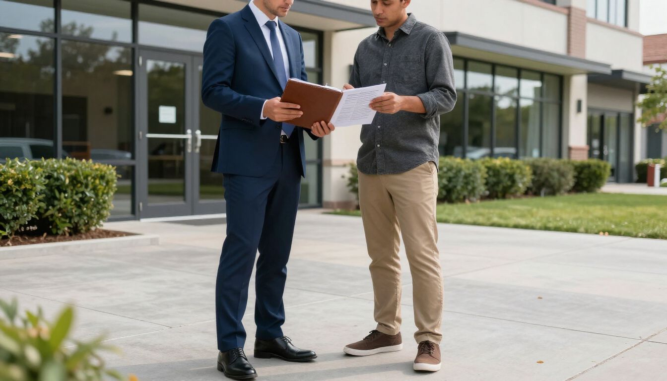 Man in suit shows paperwork to another man outside a building.