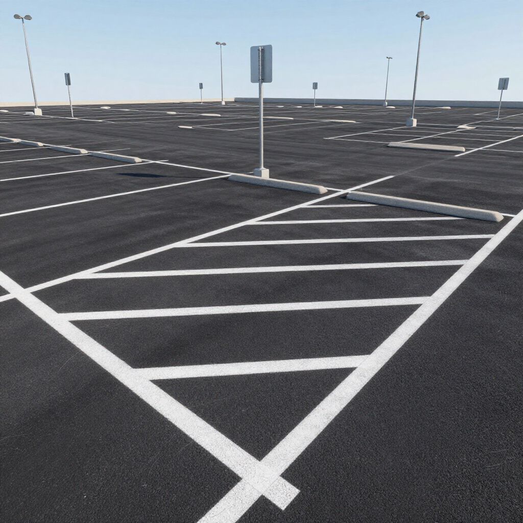 Empty asphalt parking lot with white painted lines and signage under a clear blue sky.