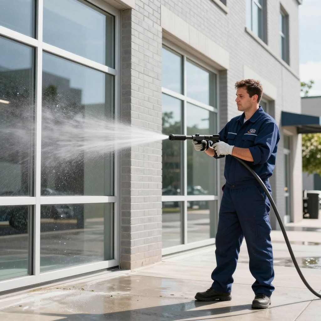 Man in blue suit pressure washing a building's exterior. Water spraying onto the brick and sidewalk.