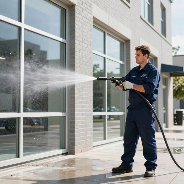 Man in blue suit pressure washing a building's exterior. Water spraying onto the brick and sidewalk.