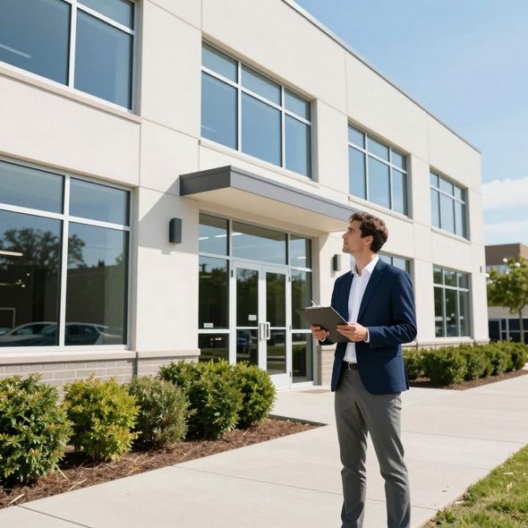 Man in blazer inspects building exterior, holding clipboard, sunny day.