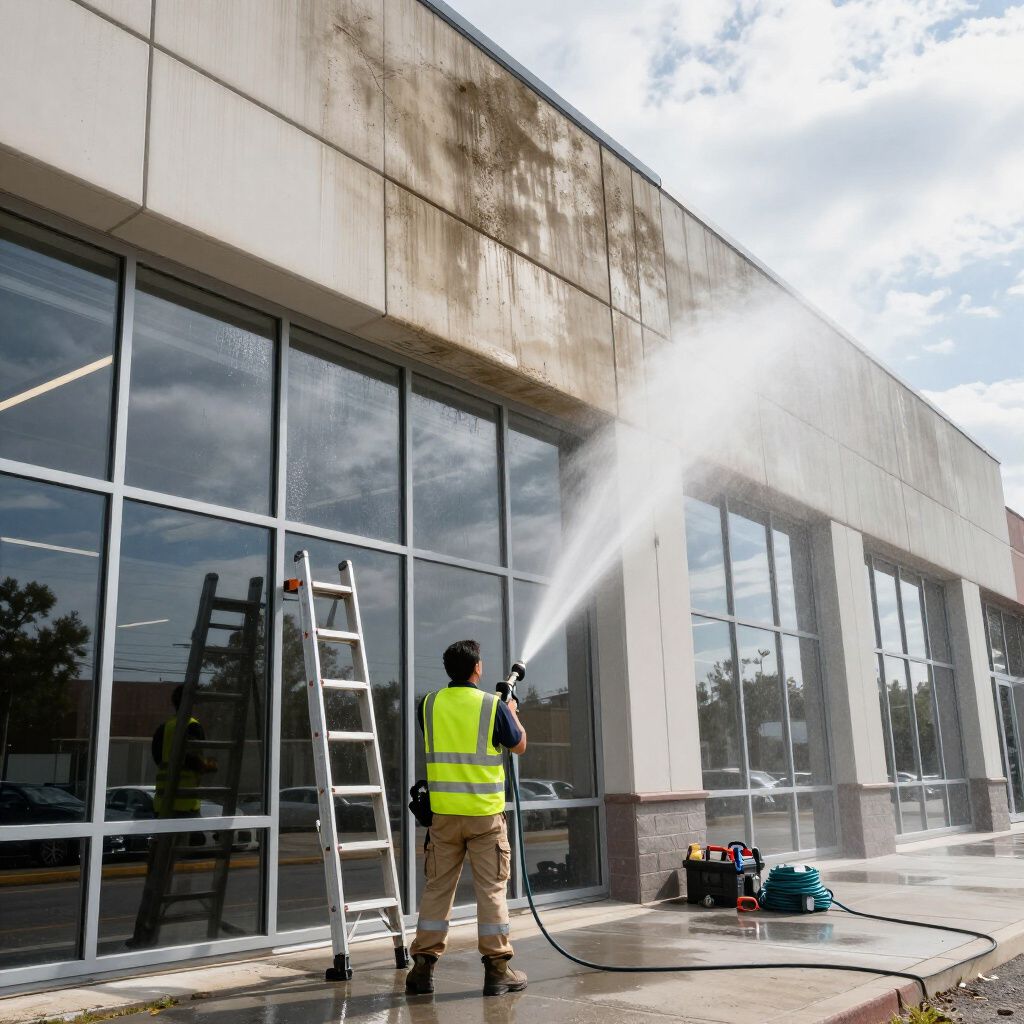 Worker power washing exterior building. Ladder, equipment visible.