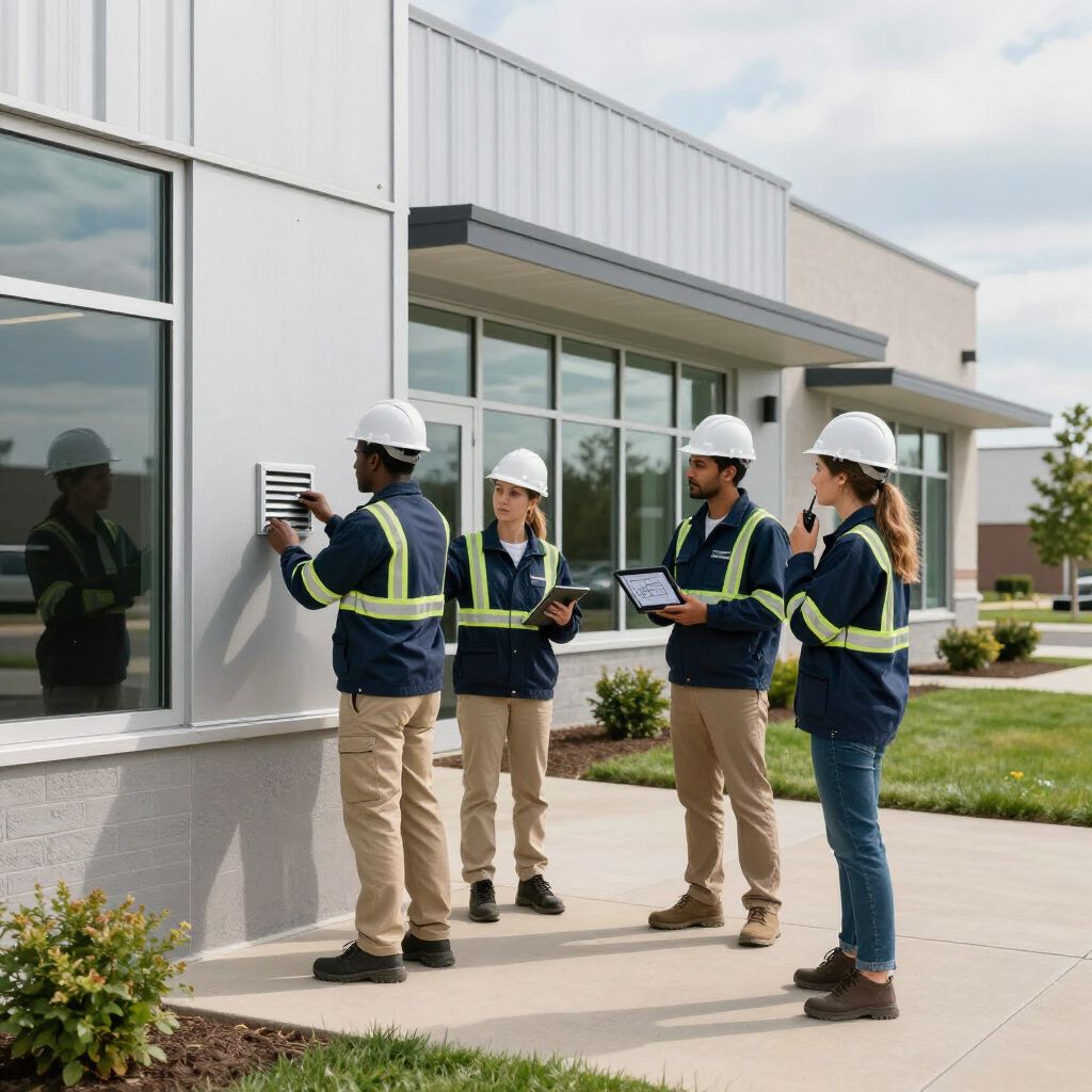 Four people in safety vests and hard hats inspecting a building's exterior.