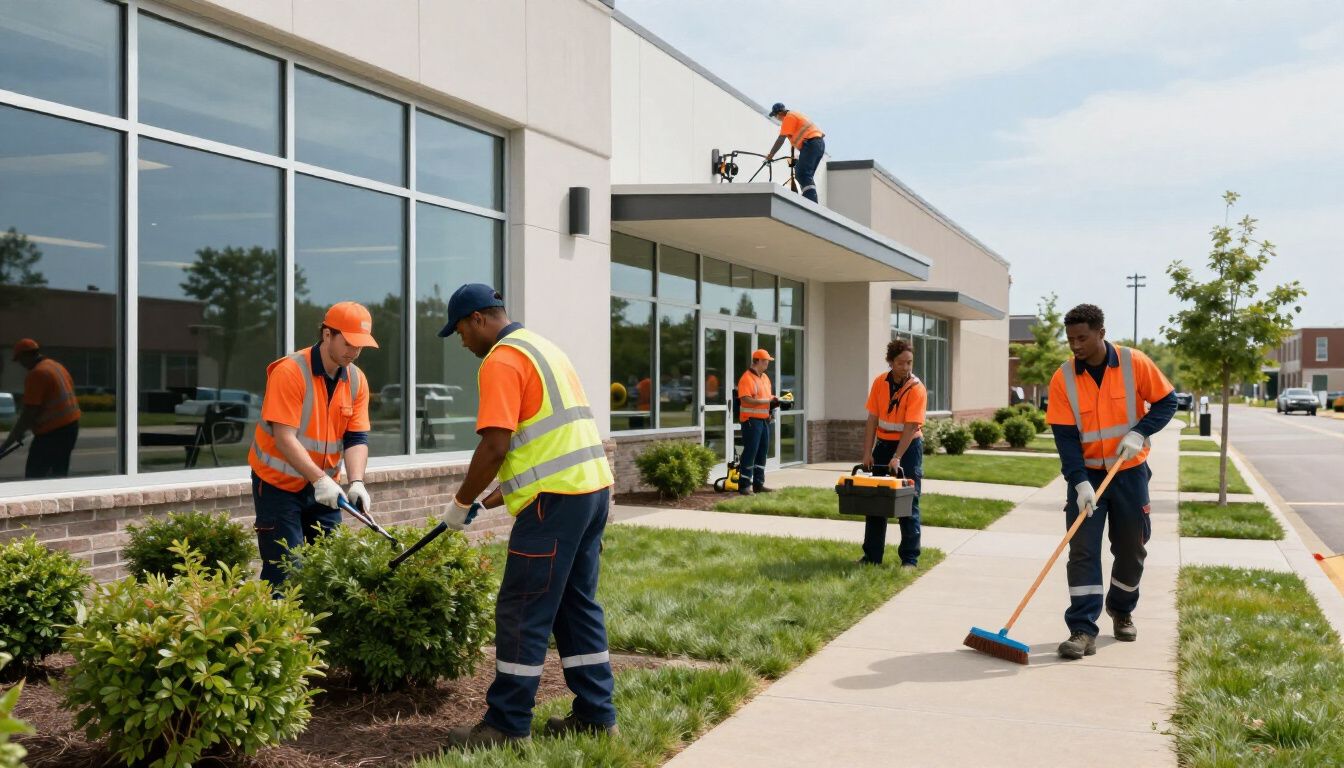 Groundskeepers in orange vests work around a building: trimming bushes, sweeping, and cleaning the roof.