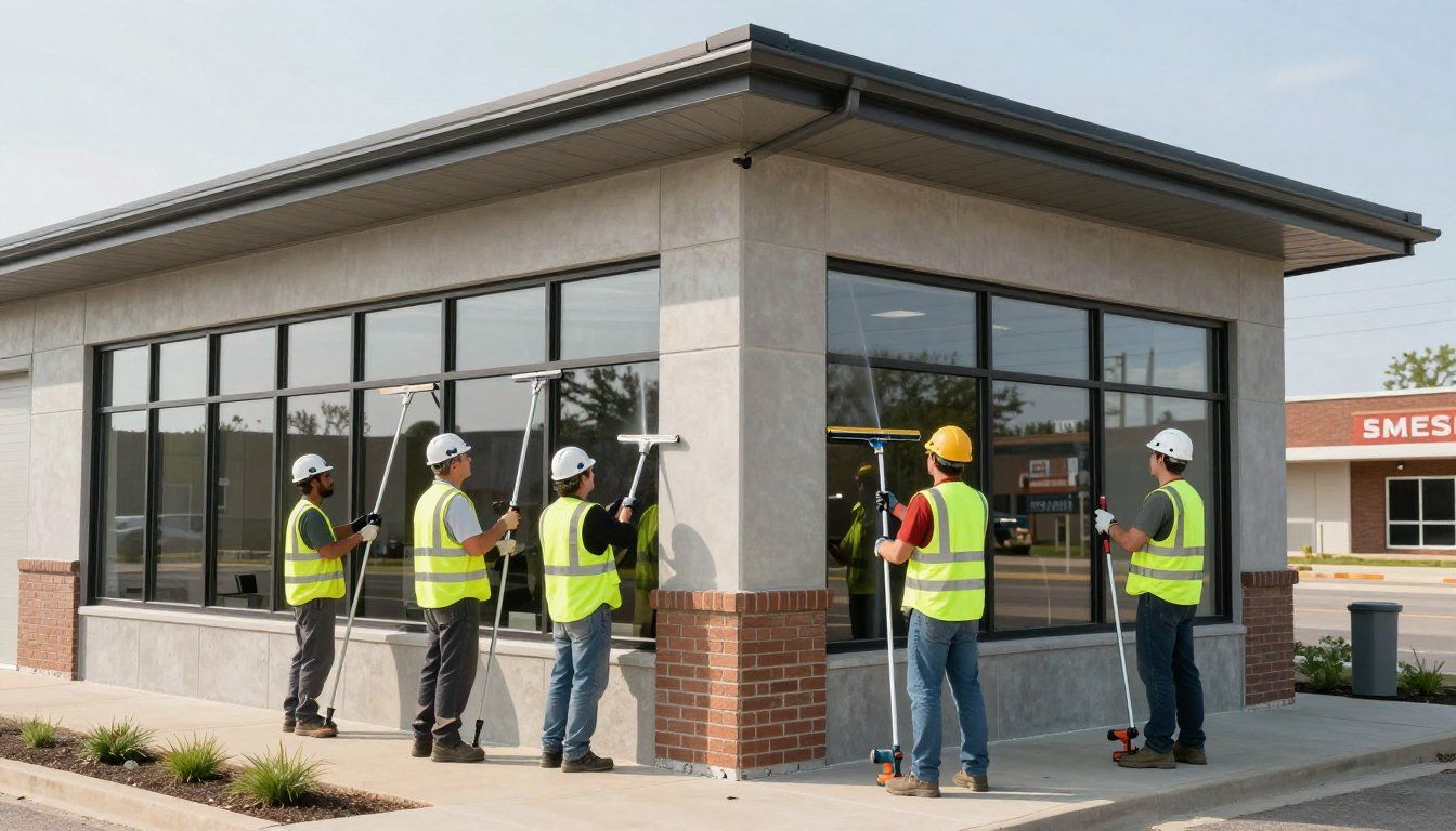 Six workers wearing safety vests and hard hats cleaning windows on a commercial building.