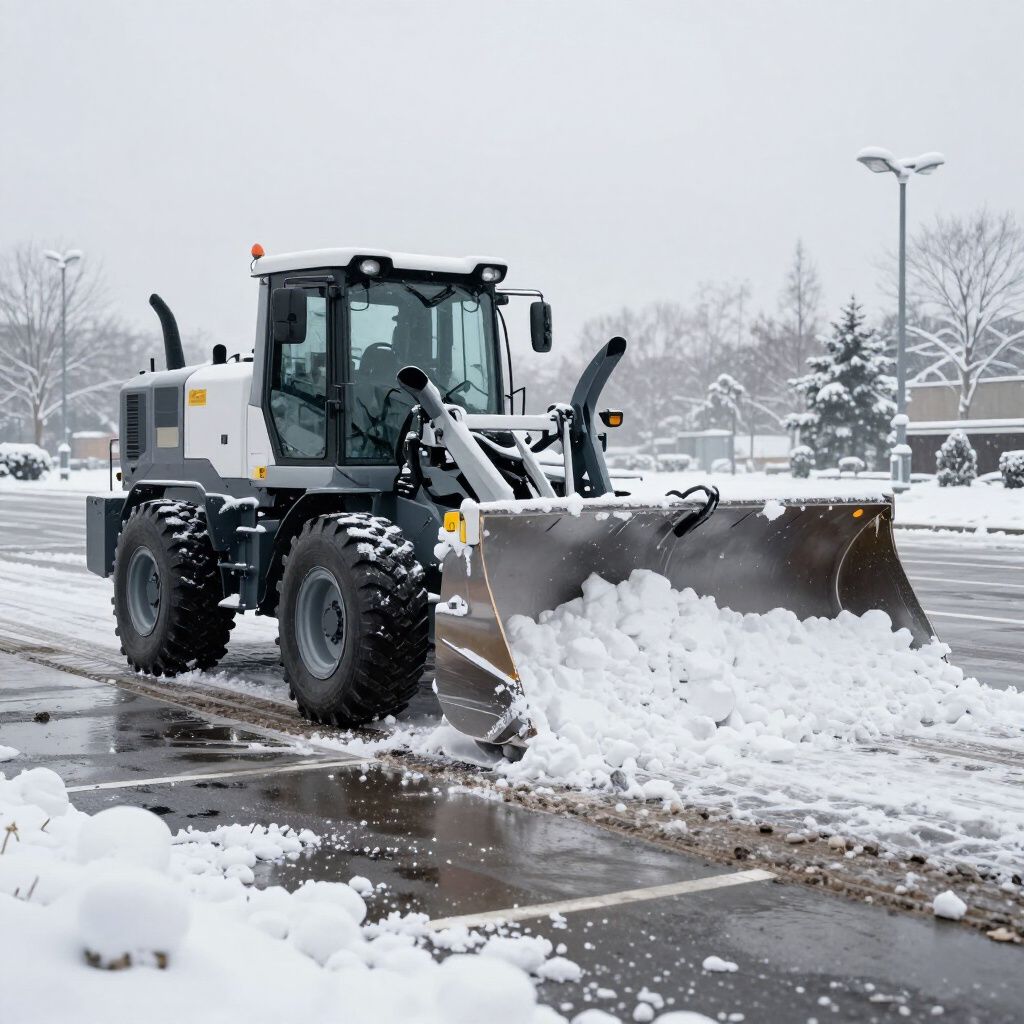 Snowplow clearing snow from a parking lot on a snowy day.