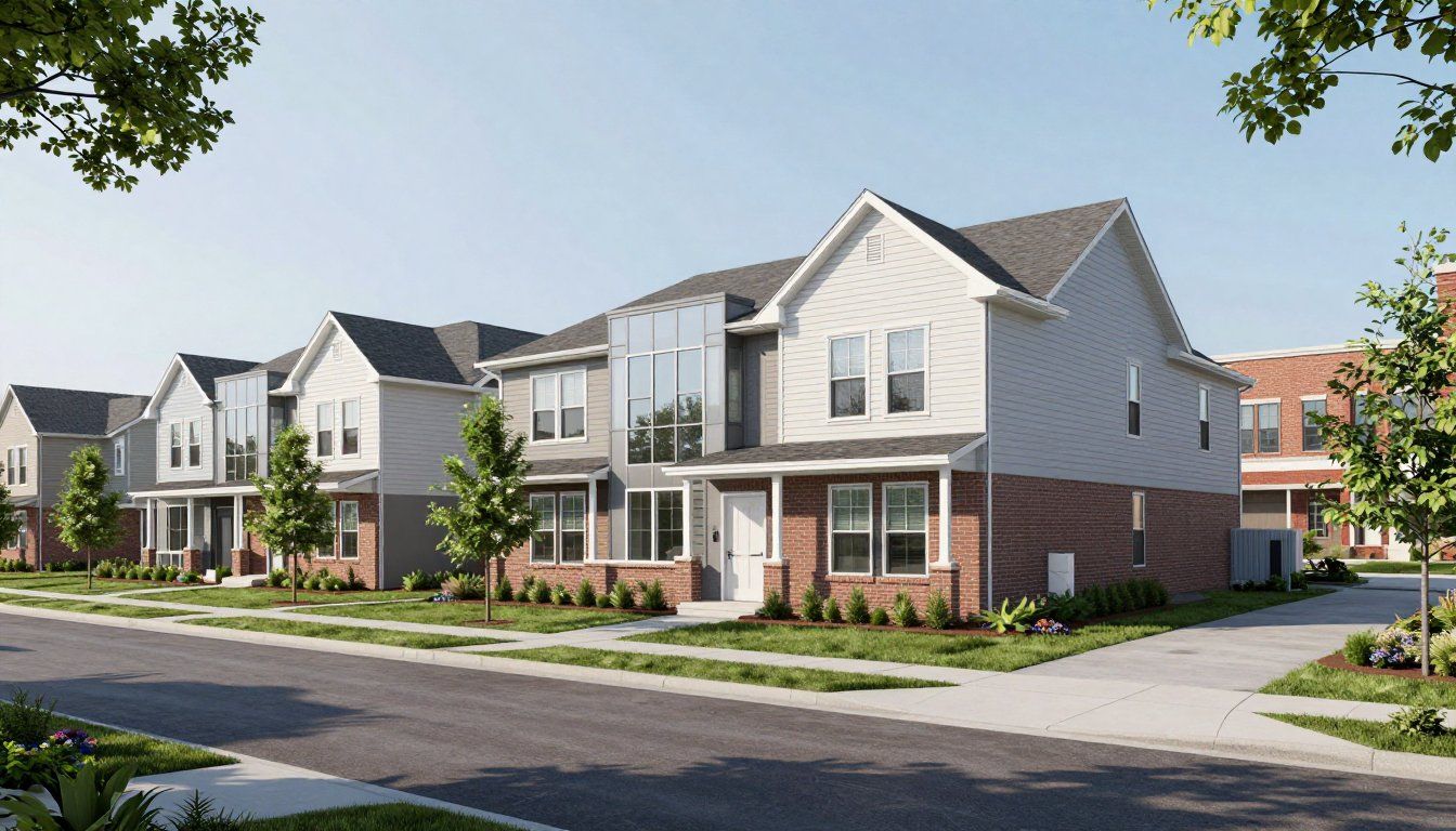 Row of modern townhouses with gray and brick exteriors, trees line the street.