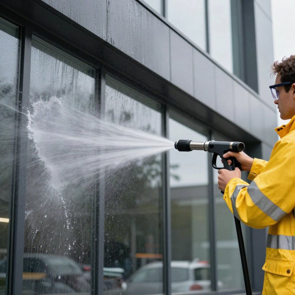 Person in yellow jacket pressure washing windows of a building.