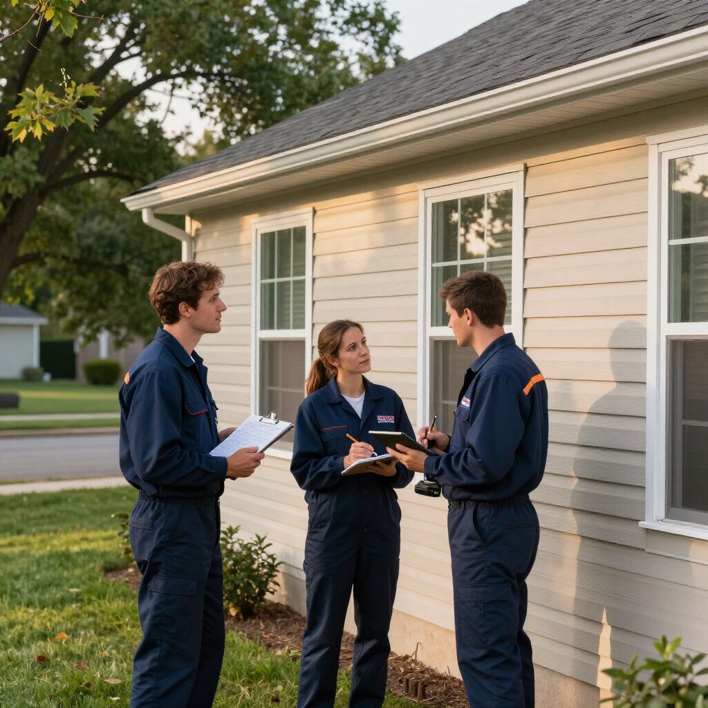 Three people in blue coveralls discussing outside a house, taking notes on clipboards.