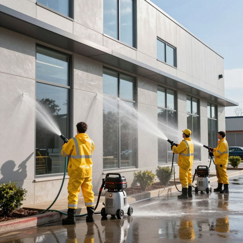 Three workers in yellow suits pressure washing a building's exterior with silver machines.