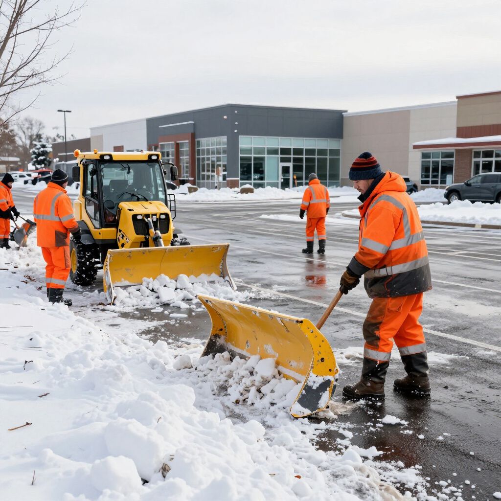 Workers in orange suits clear snow from a parking lot with a yellow tractor and shovels.