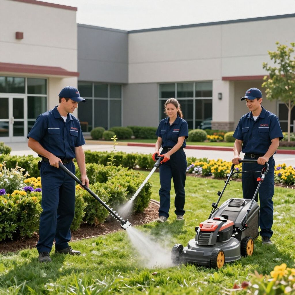 Three people in blue uniforms tending a lawn: one mowing, two spraying water.