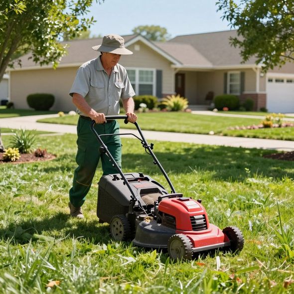 Man mowing lawn with a red mower in front of a house.