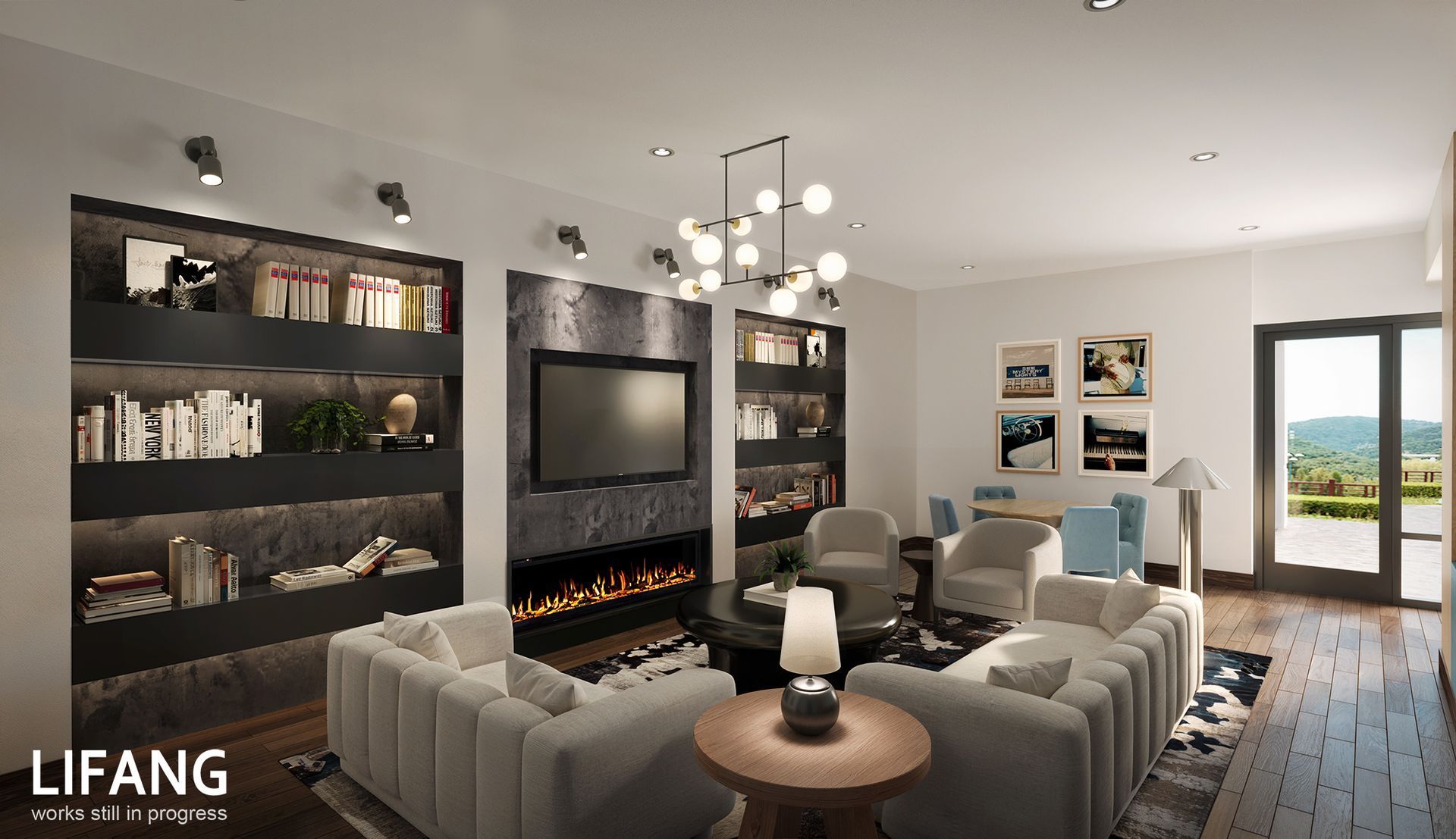 Modern living room with dark built-ins, fireplace, gray seating, chandelier, and a view of the outdoors