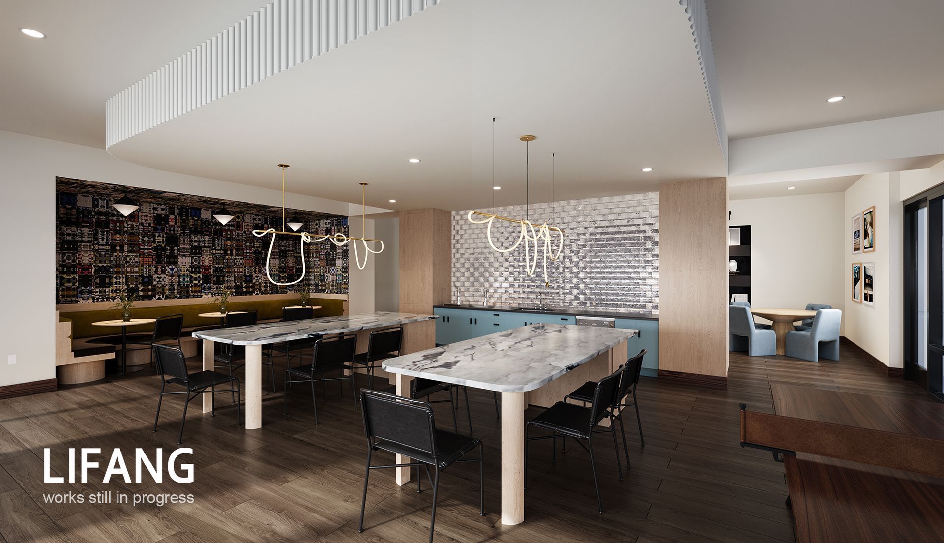 Modern open-plan dining room with pool table, bar seating, and pendant lights