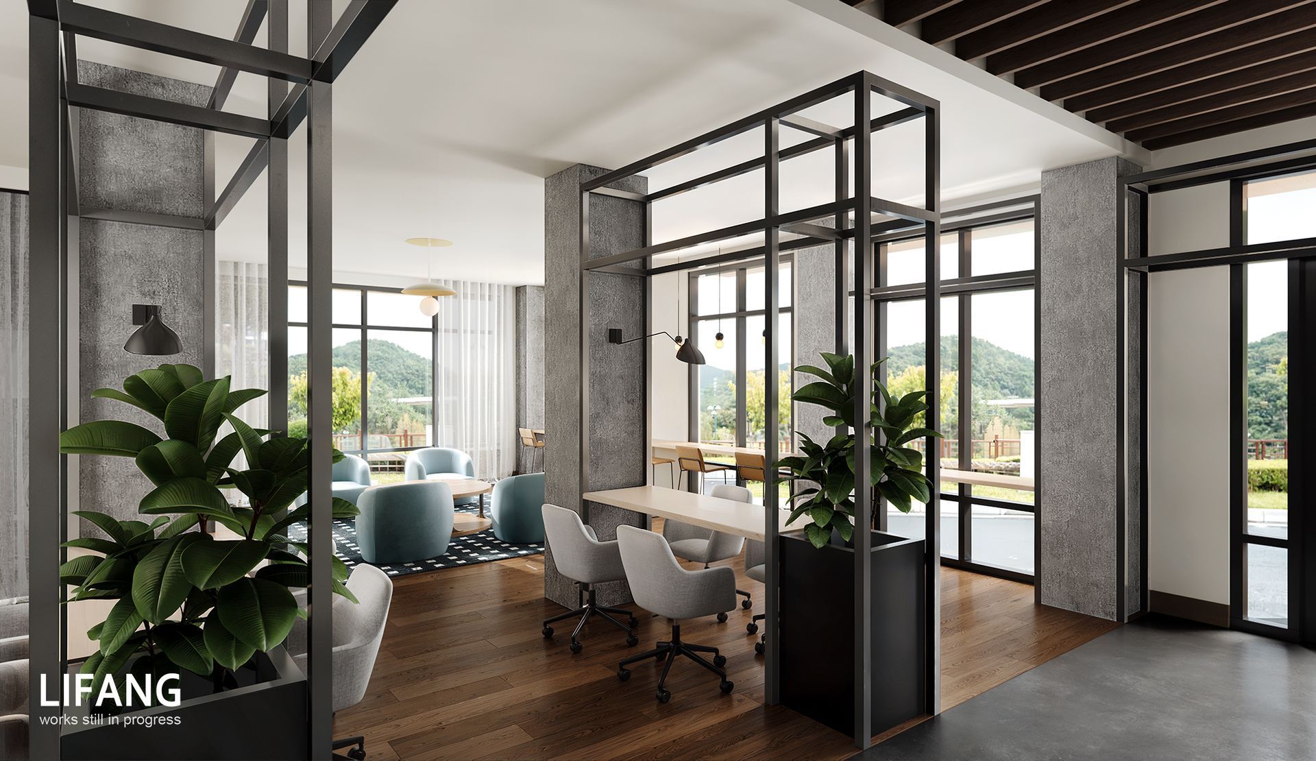Modern open office interior with glass partitions, black metal frames, wood floors, and large windows.