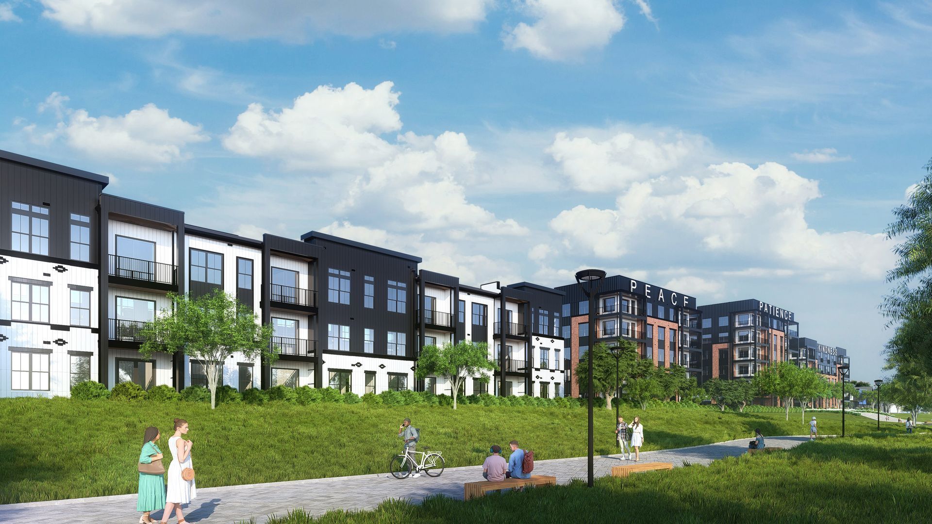 Modern apartment row beside a green park path, with people walking under a cloudy blue sky