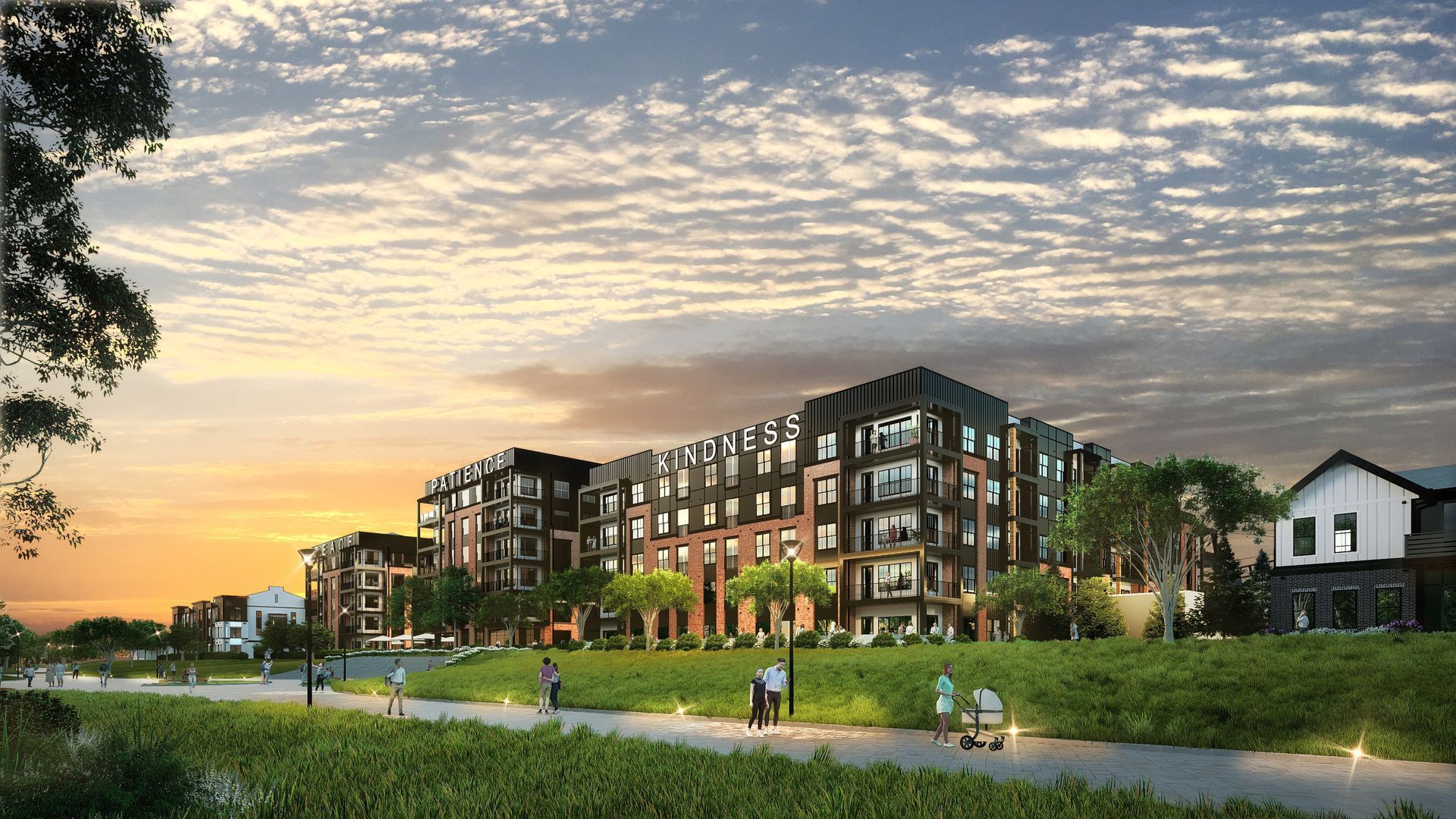 Modern apartment complex at sunset with people walking and green landscaping