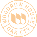 Woodrow House Oak City circular logo in pale peach with stylized “wh” monogram center
