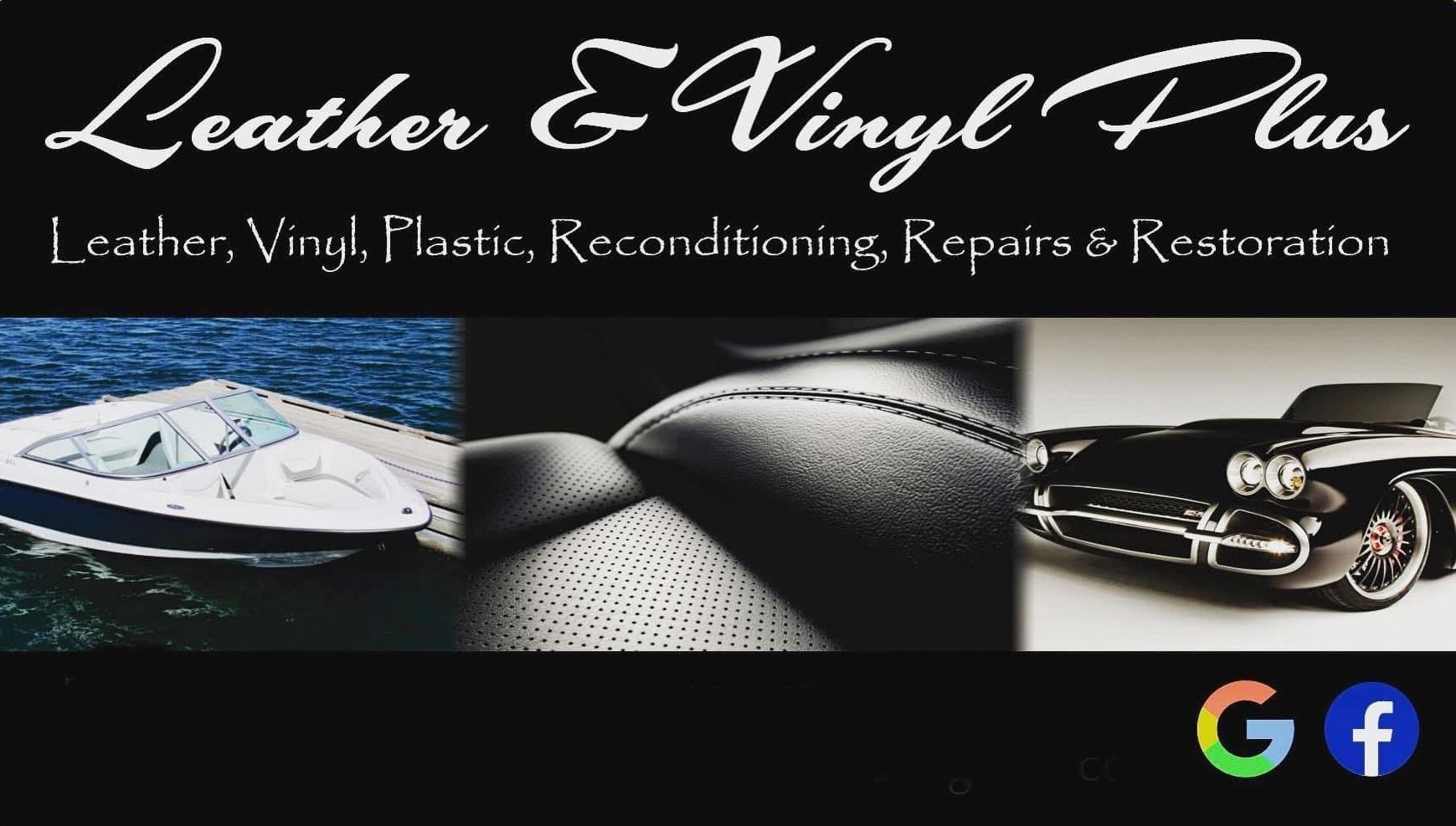 A logo for leather and vinyl plus shows a boat and a car