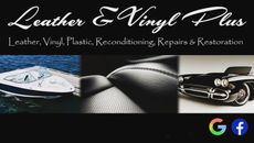 A logo for leather and vinyl plus shows a boat and a car