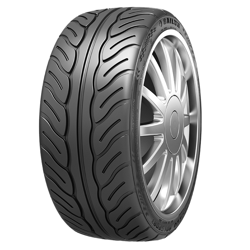 A close up of a car tire on a wheel on a transparent background.