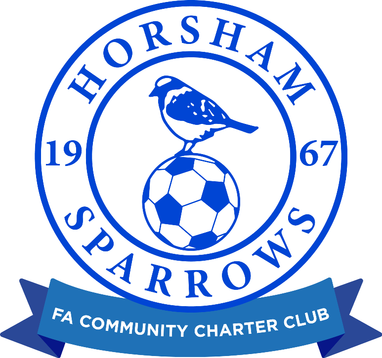 Horsham Sparrows football club logo with blue bird on a soccer ball and “FA Community Charter Club” banner