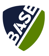 BASE logo in dark blue and green on a tilted shield shape