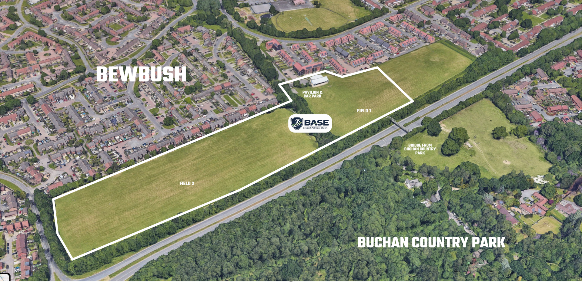Aerial map of a green vacant site beside Buchan Country Park, outlined in white near nearby houses.