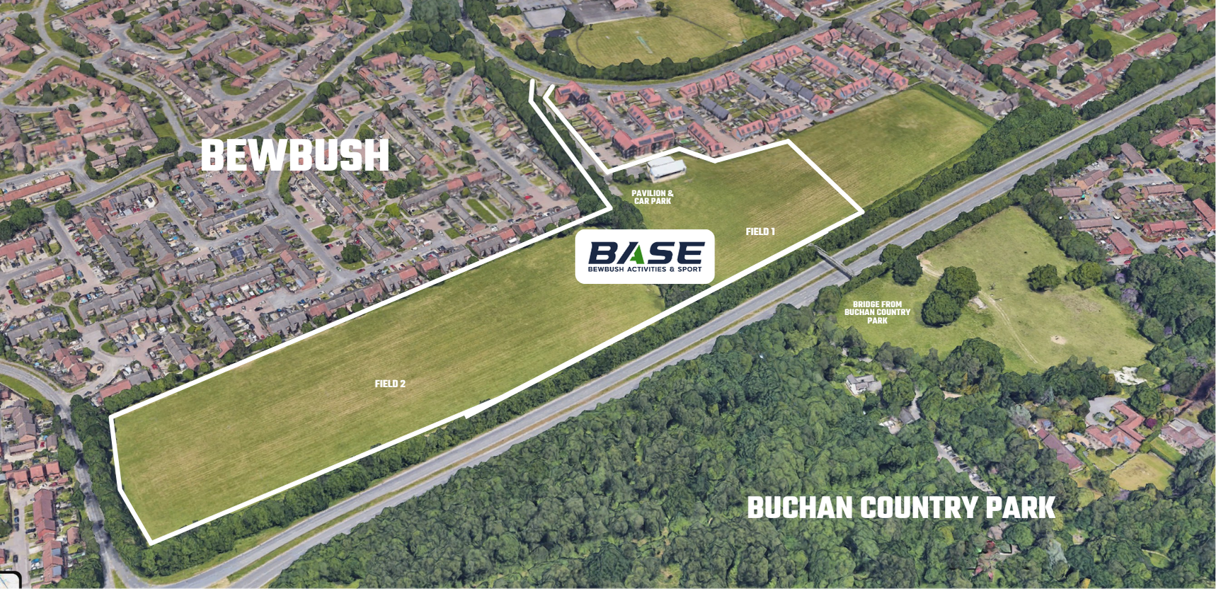 Aerial view of a long green field labeled “BASE” beside Bethune and Birch Country Park.