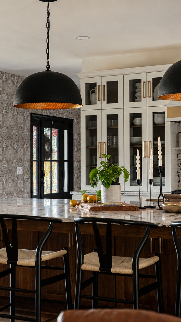 Modern kitchen with black pendant lights, white cabinets, bar stools, and a dark island countertop