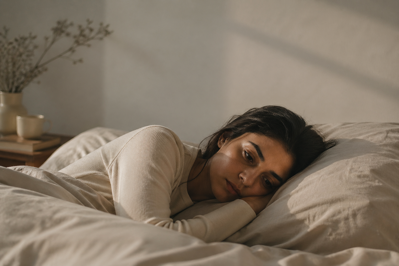 A woman laying on her bed thinking about the past.