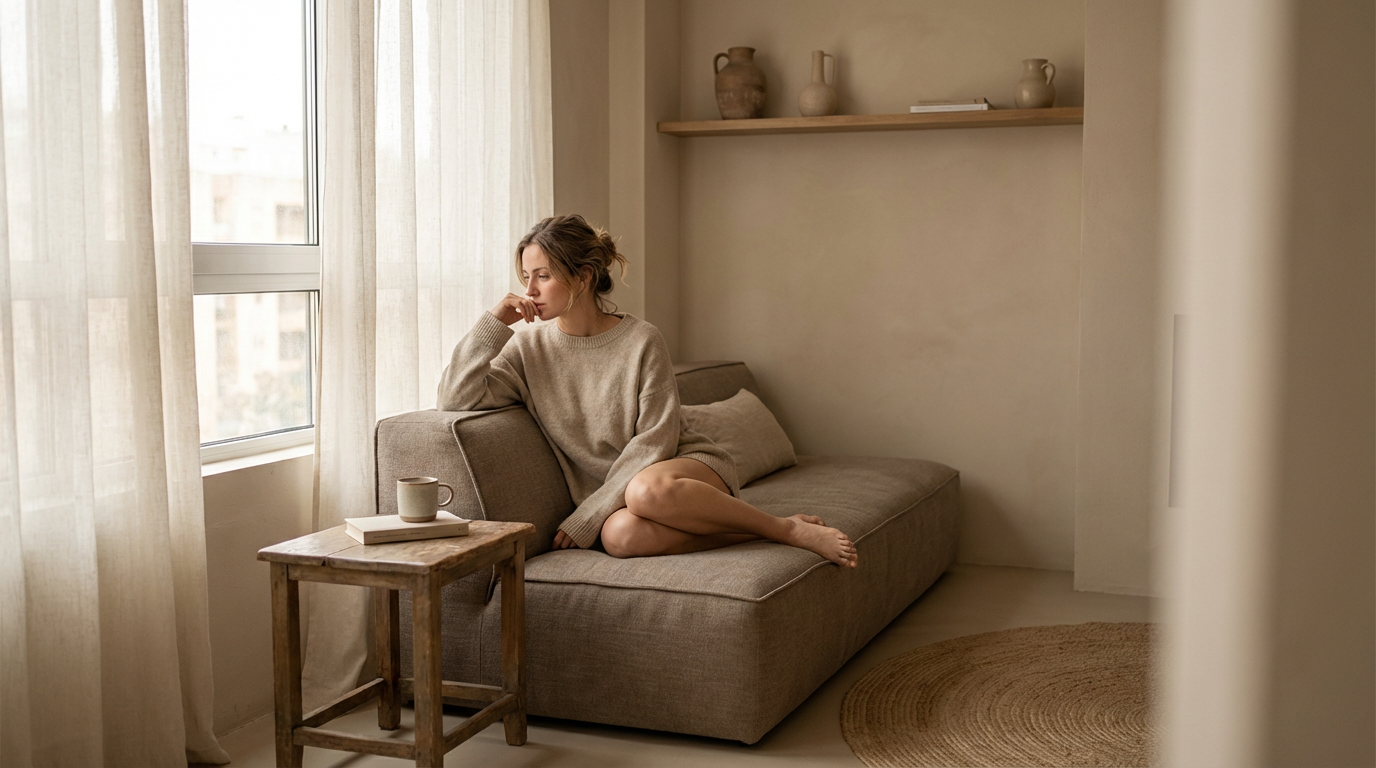 A woman sitting on a couch and looking outside of the window