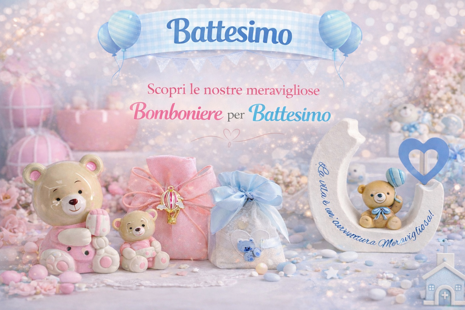 C'è un tavolo con palloncini e decorazioni sopra.