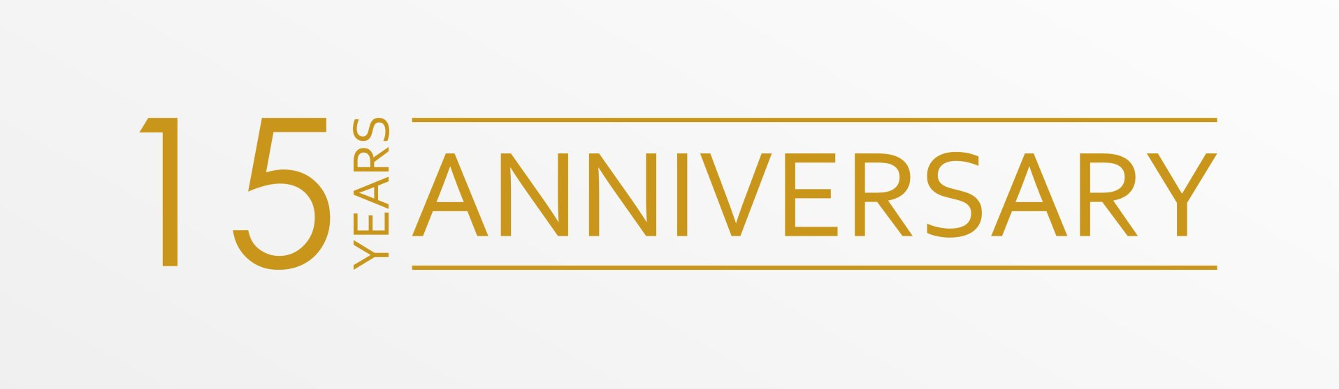 A gold 15th anniversary logo on a white background.