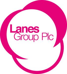 Lanes Group Plc logo in magenta and white with circular swirl design